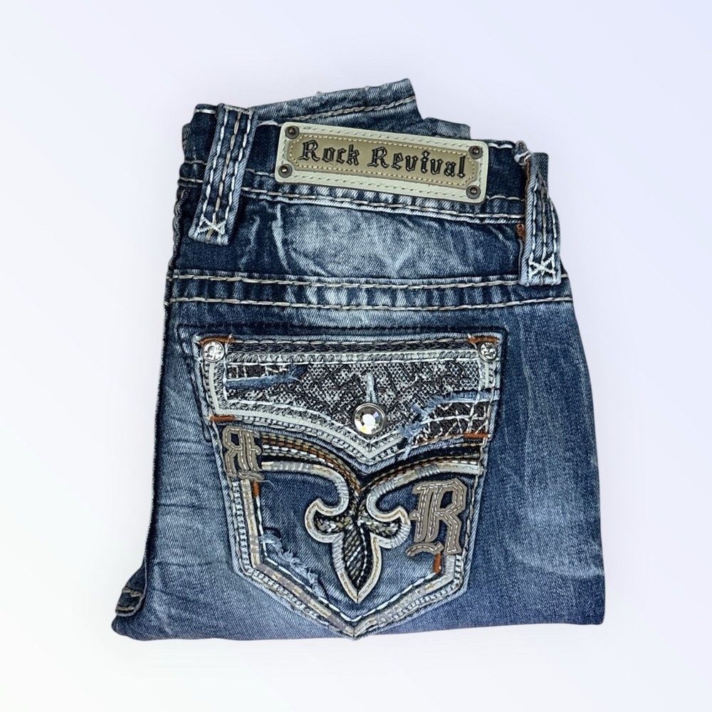 ROCK REVIVAL ASHA JEANS SKINNY WOMENS 25 EMBELLISHED POCKETS 31 INSEAM